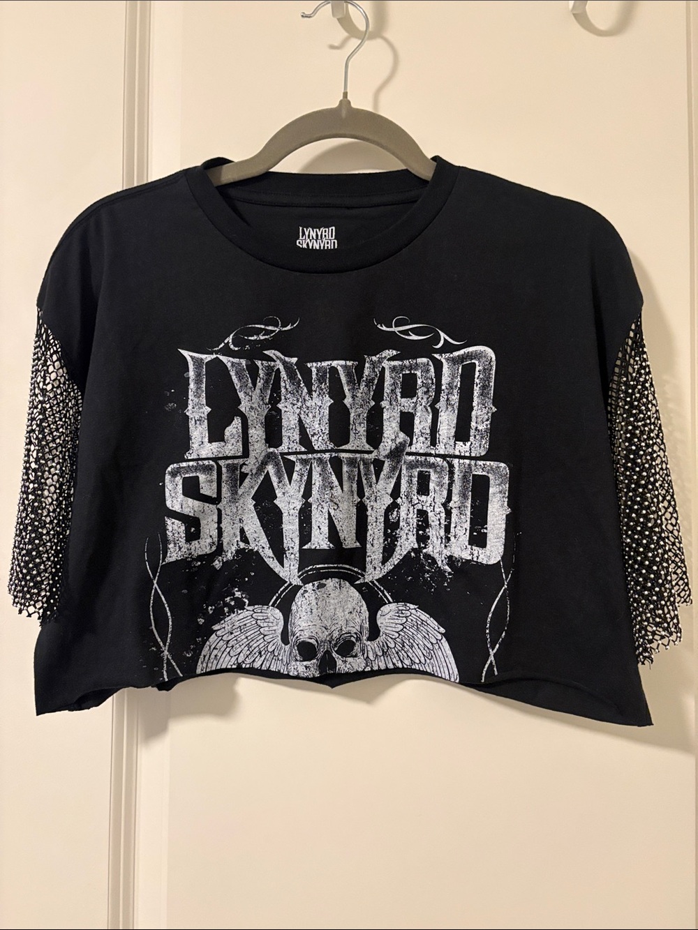 Black Cropped Graphic Tee with Studded Sleeves